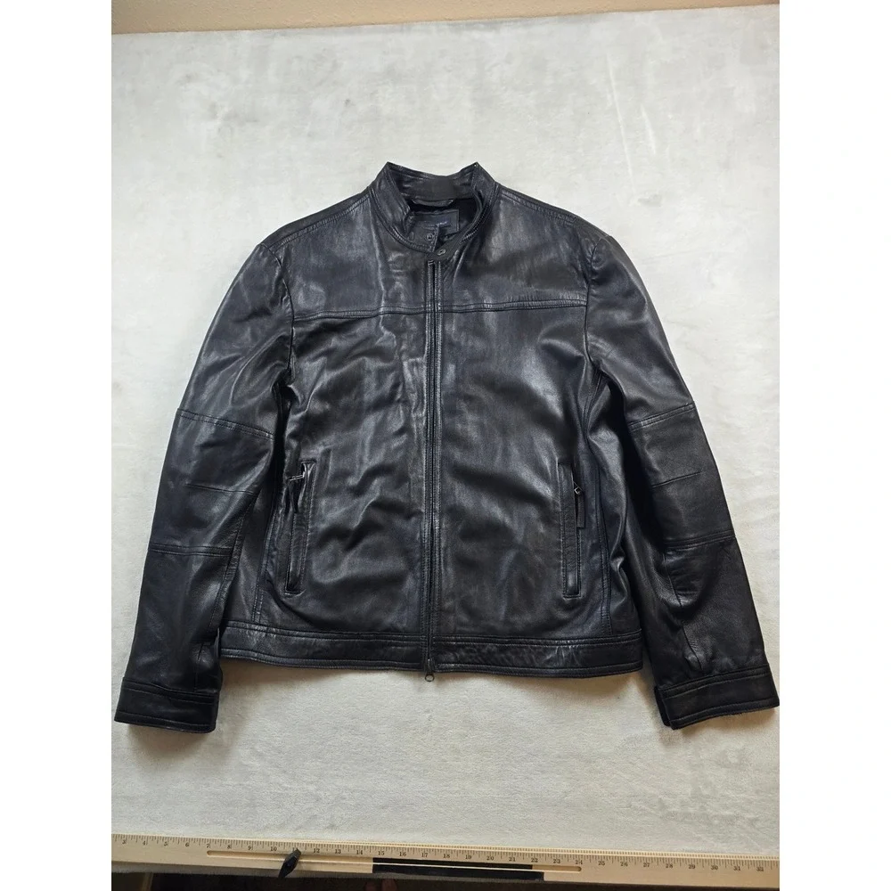 Banana Republic Leather Jacket Mens Large Black Cafe Racer Moto Biker Soft!